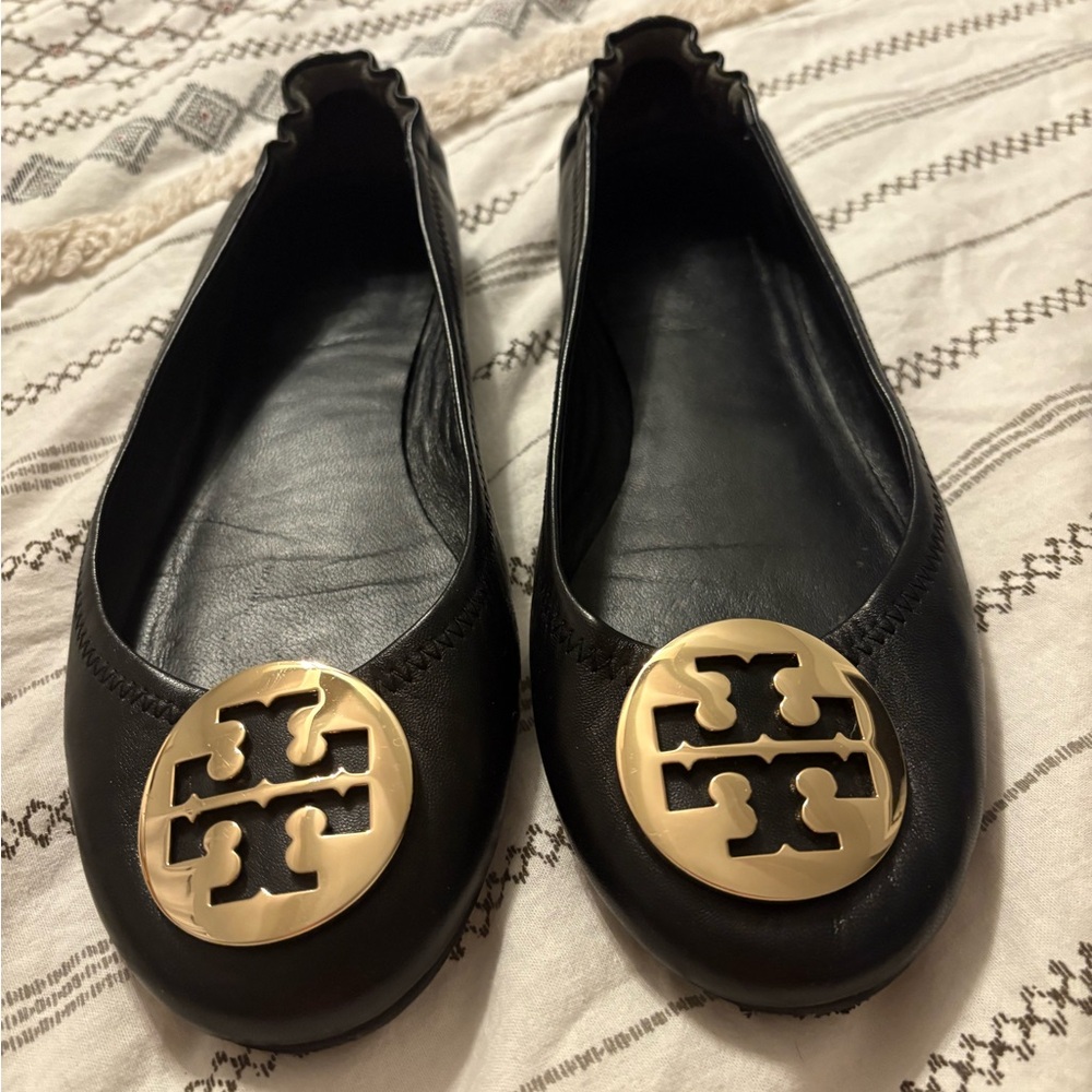 Tory Burch Black Flats with Gold Emblem